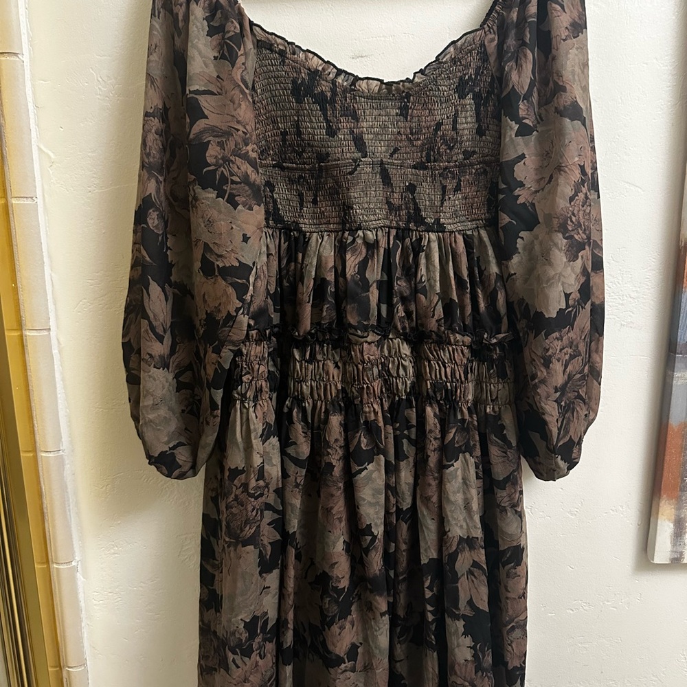 Carly Jean Los Angeles Smocked long sleeve Dress in Brown and Black - Picture 2 of 6